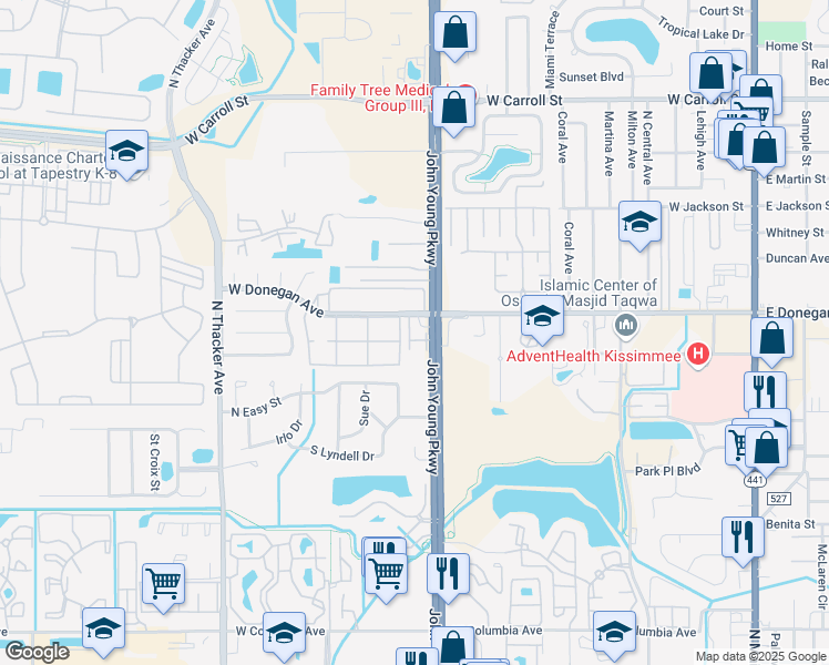 map of restaurants, bars, coffee shops, grocery stores, and more near 2460 North John Young Parkway in Kissimmee
