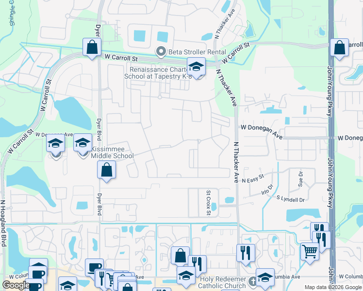 map of restaurants, bars, coffee shops, grocery stores, and more near 2800 Chantilly Avenue in Kissimmee