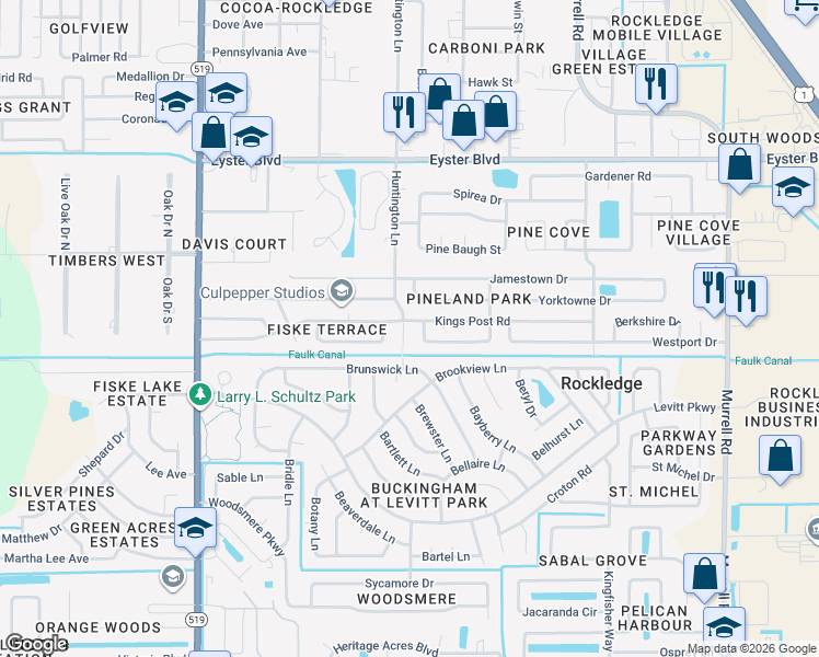 map of restaurants, bars, coffee shops, grocery stores, and more near 922 Bedford Road East in Rockledge