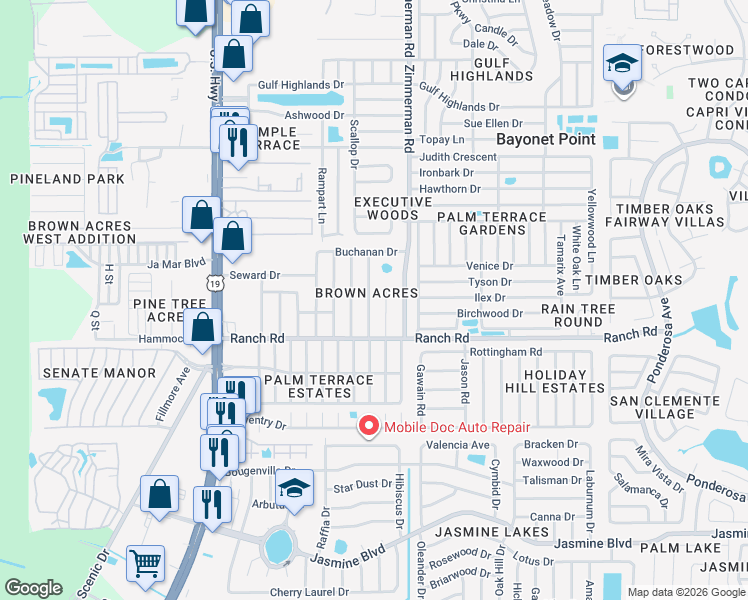 map of restaurants, bars, coffee shops, grocery stores, and more near 11104 McKinley Drive in Port Richey