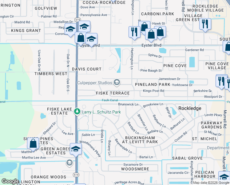 map of restaurants, bars, coffee shops, grocery stores, and more near 945 Kings Post Road in Rockledge