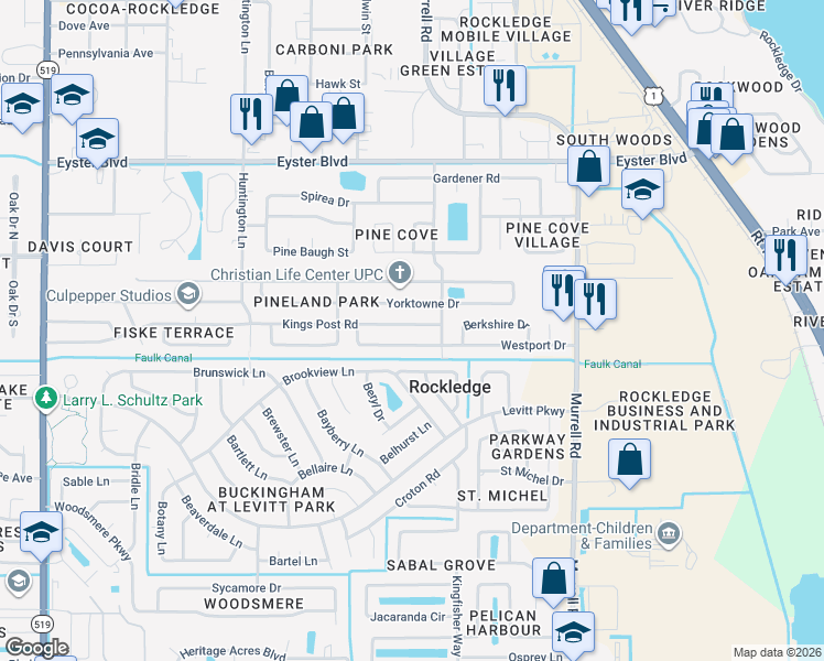 map of restaurants, bars, coffee shops, grocery stores, and more near 869 Kings Post Road in Rockledge