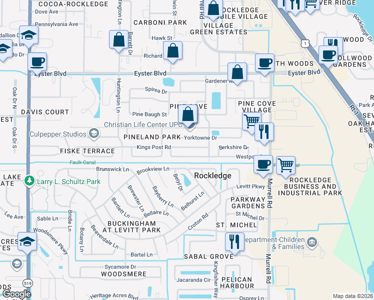 map of restaurants, bars, coffee shops, grocery stores, and more near 869 Kings Post Road in Rockledge