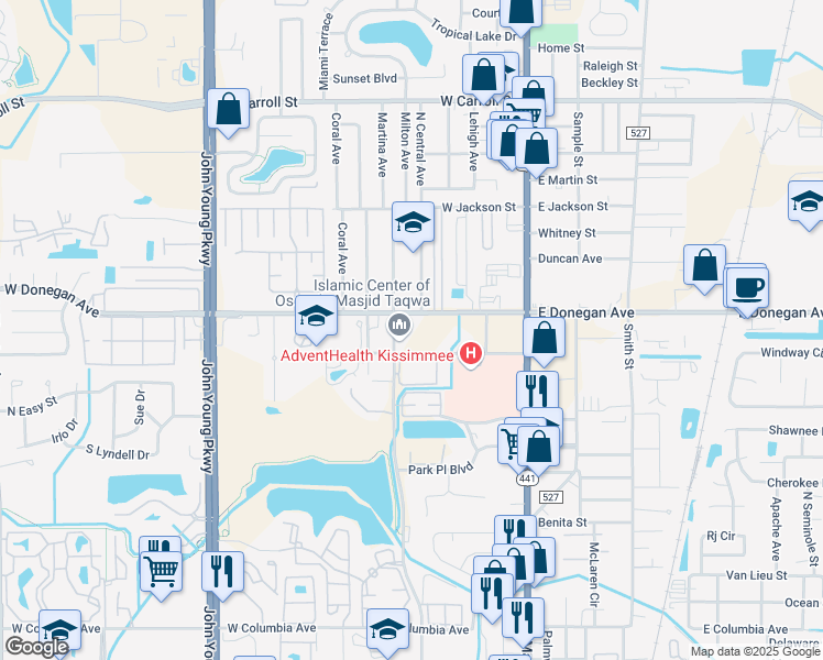 map of restaurants, bars, coffee shops, grocery stores, and more near 448 West Donegan Avenue in Kissimmee