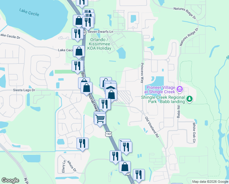 map of restaurants, bars, coffee shops, grocery stores, and more near 2523 Old Vineland Road in Kissimmee