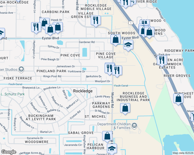 map of restaurants, bars, coffee shops, grocery stores, and more near 829 Berkshire Drive in Rockledge