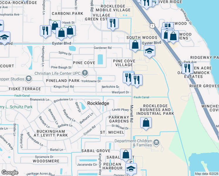 map of restaurants, bars, coffee shops, grocery stores, and more near 841 Berkshire Drive in Rockledge