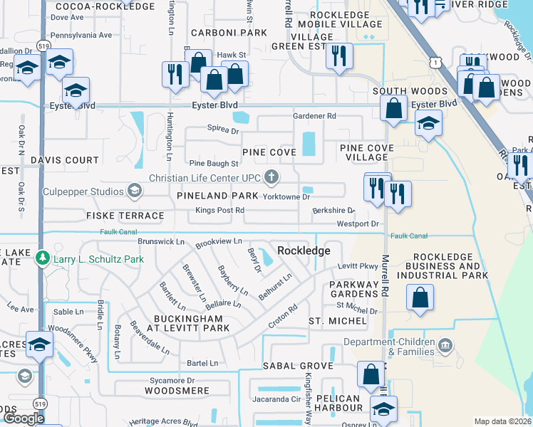 map of restaurants, bars, coffee shops, grocery stores, and more near 869 Kings Post Road in Rockledge