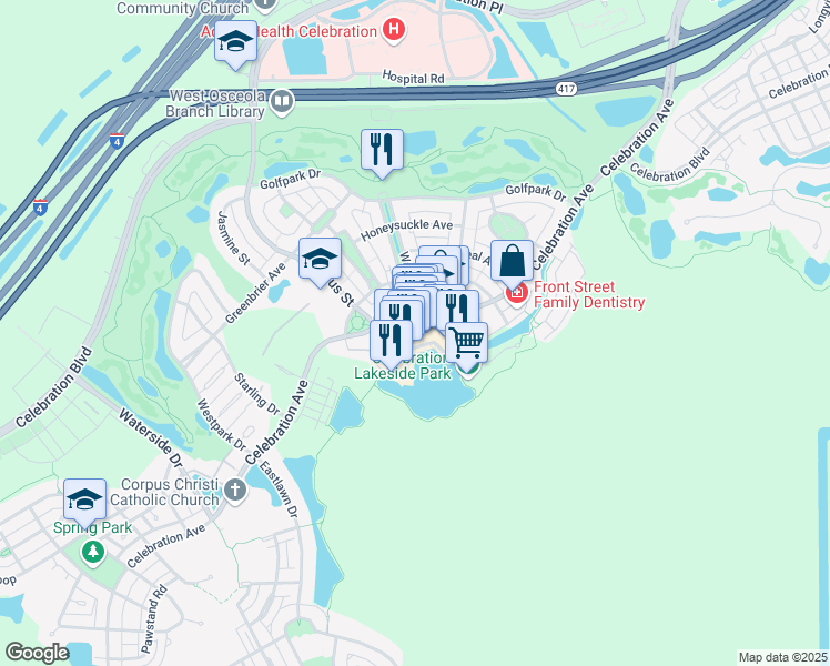 map of restaurants, bars, coffee shops, grocery stores, and more near in Celebration