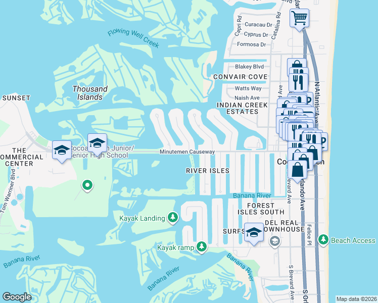 map of restaurants, bars, coffee shops, grocery stores, and more near 0 Crystal River Drive in Cocoa Beach