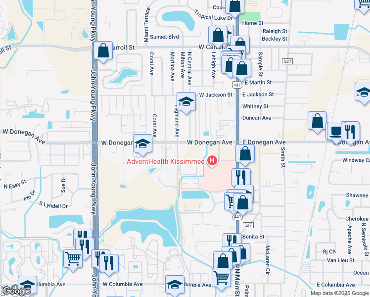 map of restaurants, bars, coffee shops, grocery stores, and more near 448 West Donegan Avenue in Kissimmee