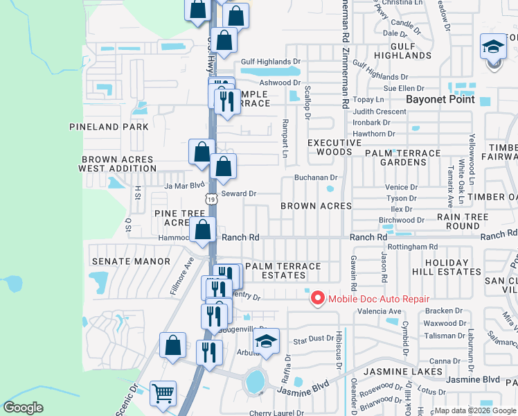 map of restaurants, bars, coffee shops, grocery stores, and more near 7126 Abigail Drive in Port Richey