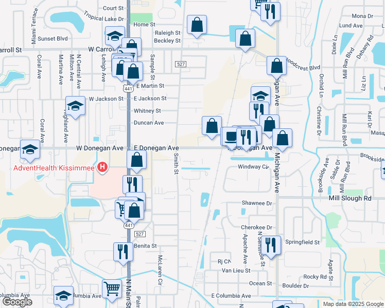 map of restaurants, bars, coffee shops, grocery stores, and more near 550 East Donegan Avenue in Kissimmee