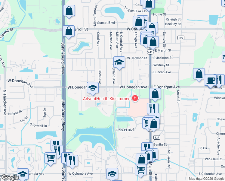 map of restaurants, bars, coffee shops, grocery stores, and more near 2477 North Beaumont Avenue in Kissimmee