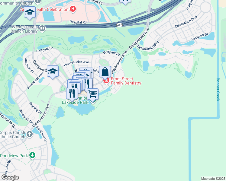 map of restaurants, bars, coffee shops, grocery stores, and more near 513 Mirasol Circle in Celebration