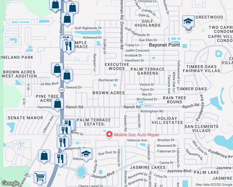 map of restaurants, bars, coffee shops, grocery stores, and more near 11104 McKinley Drive in Port Richey