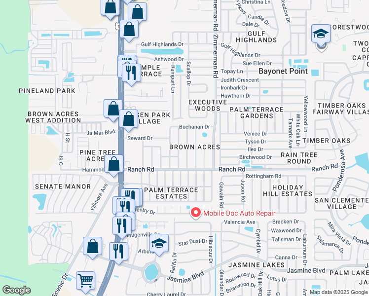 map of restaurants, bars, coffee shops, grocery stores, and more near 11107 Harding Drive in Port Richey