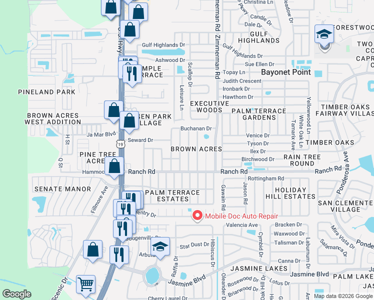 map of restaurants, bars, coffee shops, grocery stores, and more near 11105 Harding Drive in Port Richey