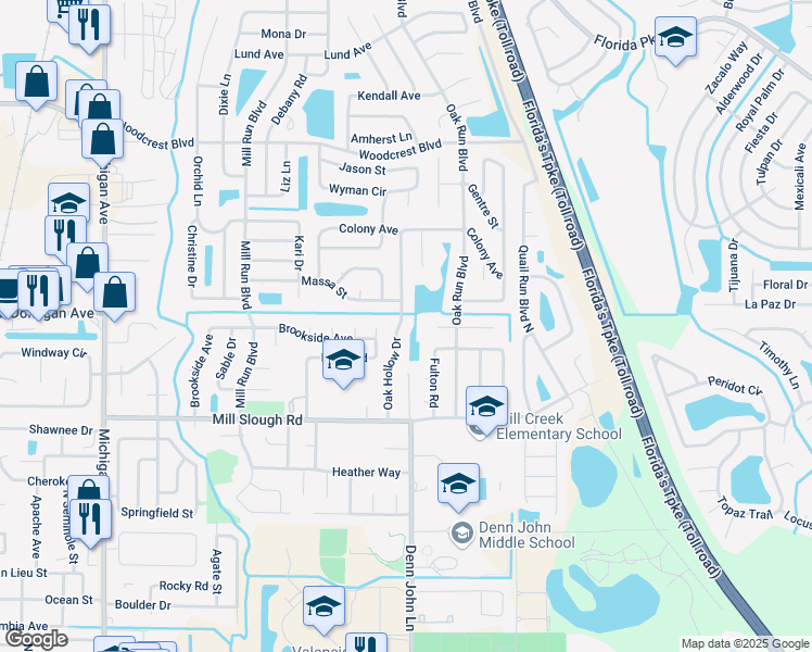 map of restaurants, bars, coffee shops, grocery stores, and more near 2461 Oak Hollow Drive in Kissimmee