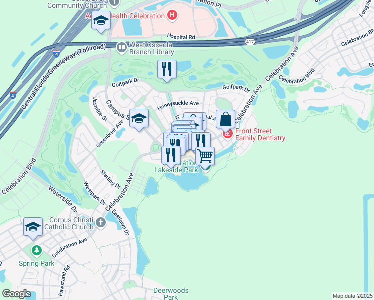 map of restaurants, bars, coffee shops, grocery stores, and more near 605 Market Street in Kissimmee