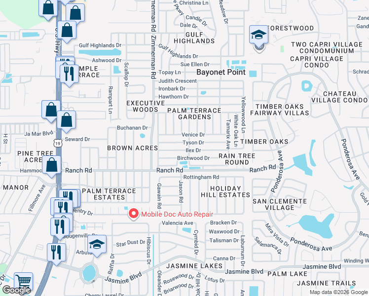 map of restaurants, bars, coffee shops, grocery stores, and more near 7605 Ilex Drive in Port Richey