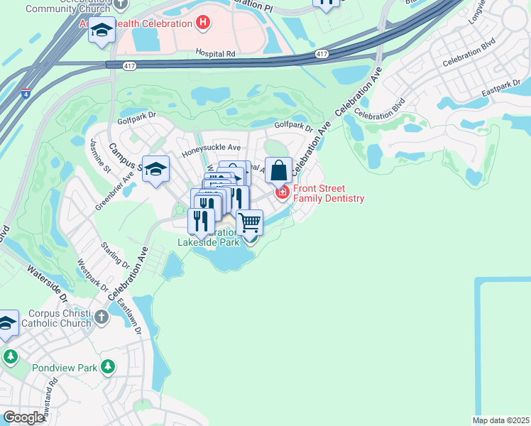 map of restaurants, bars, coffee shops, grocery stores, and more near 619 Front Street in Celebration