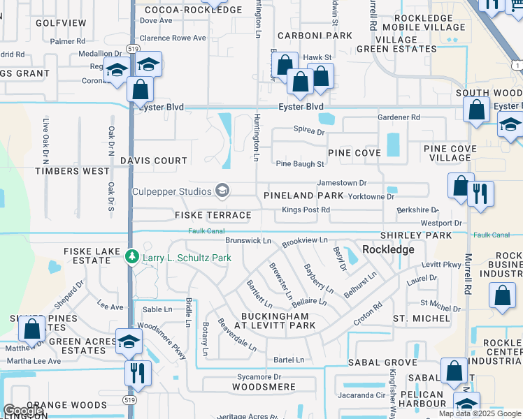 map of restaurants, bars, coffee shops, grocery stores, and more near 901 Bedford Road East in Rockledge