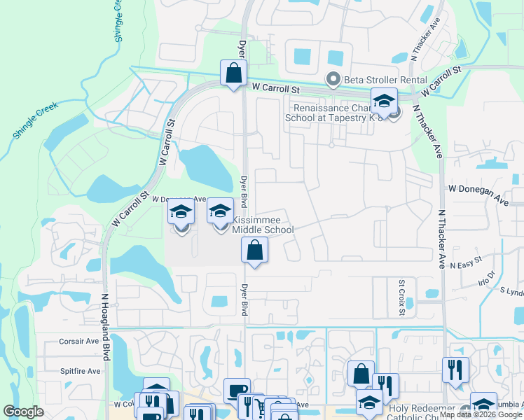 map of restaurants, bars, coffee shops, grocery stores, and more near 3045 Cardillino Way in Kissimmee