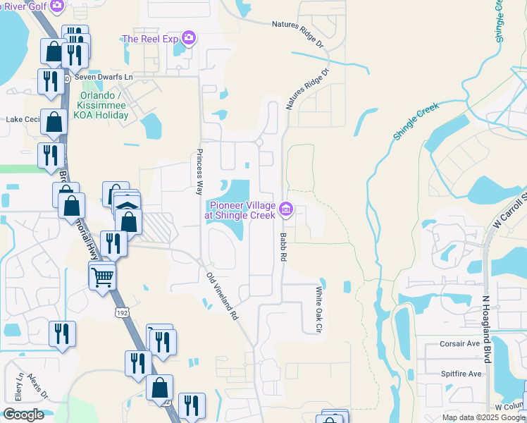 map of restaurants, bars, coffee shops, grocery stores, and more near 2560 Shanti Drive in Kissimmee