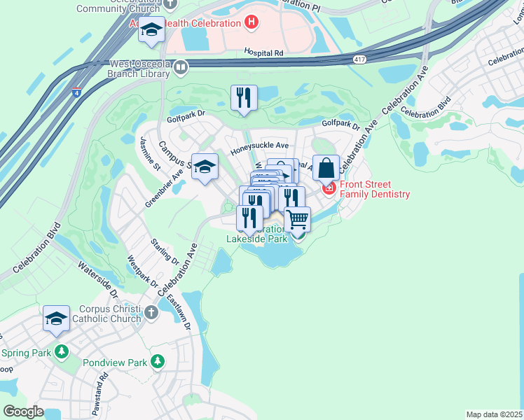 map of restaurants, bars, coffee shops, grocery stores, and more near in Celebration