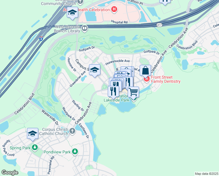 map of restaurants, bars, coffee shops, grocery stores, and more near 764 Celebration Avenue in Celebration