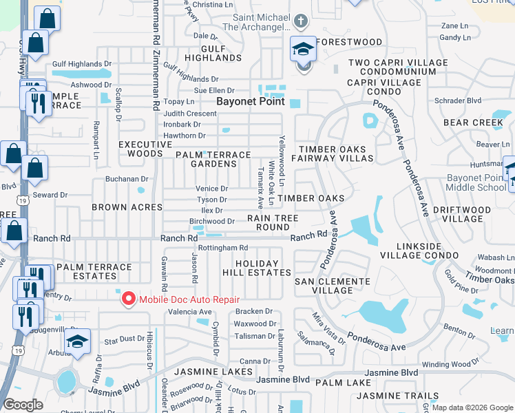 map of restaurants, bars, coffee shops, grocery stores, and more near 7835 Ilex Drive in Port Richey