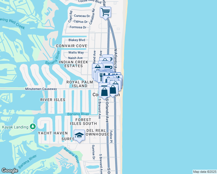 map of restaurants, bars, coffee shops, grocery stores, and more near 7 North Orlando Avenue in Cocoa Beach