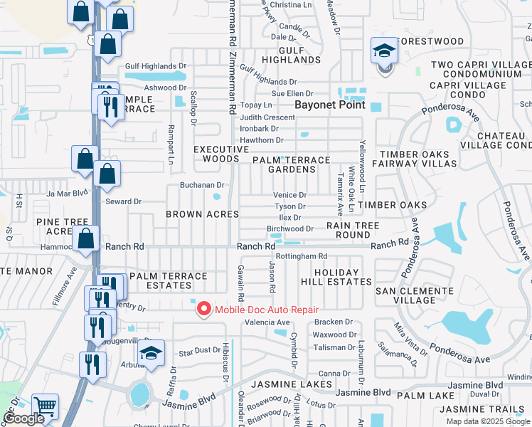 map of restaurants, bars, coffee shops, grocery stores, and more near 7605 Ilex Drive in Port Richey