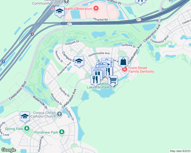 map of restaurants, bars, coffee shops, grocery stores, and more near in Celebration