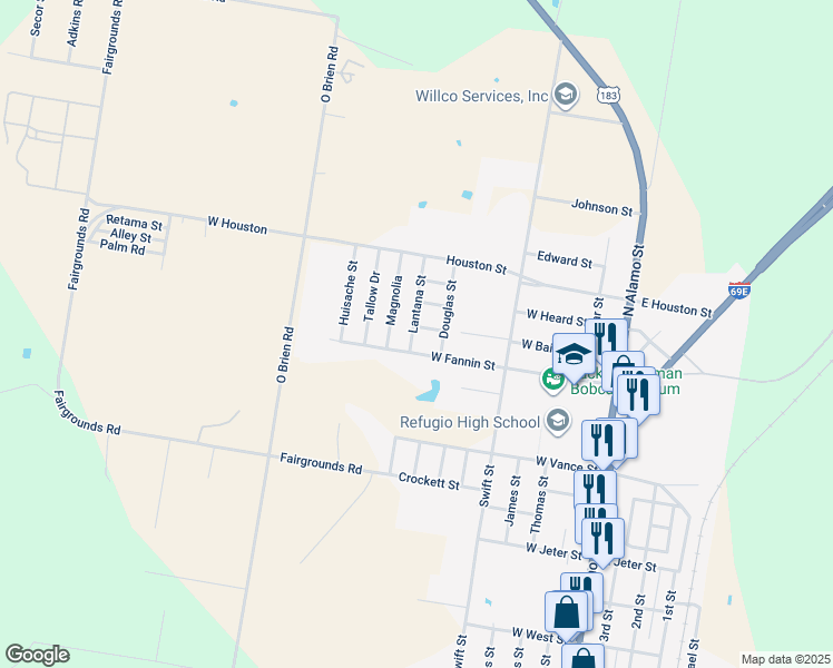 map of restaurants, bars, coffee shops, grocery stores, and more near 706 Lantana Street in Refugio