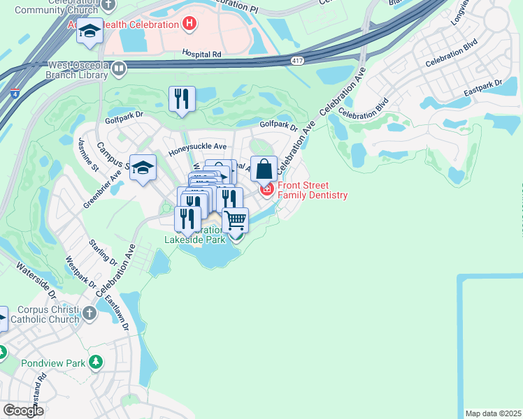 map of restaurants, bars, coffee shops, grocery stores, and more near 611 Front Street in Kissimmee