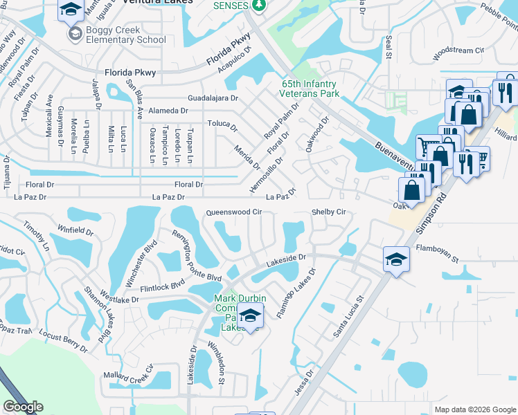 map of restaurants, bars, coffee shops, grocery stores, and more near 2344 Queenswood Circle in Kissimmee