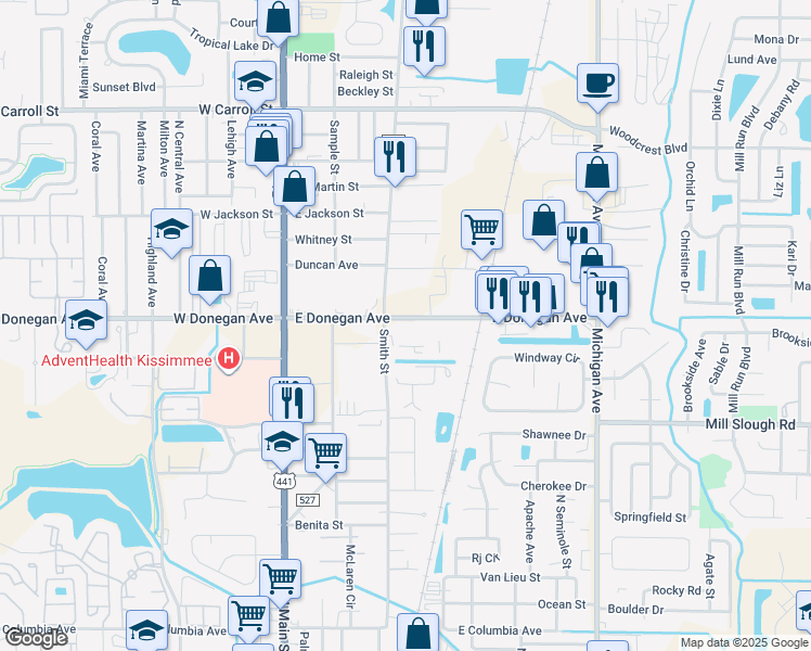 map of restaurants, bars, coffee shops, grocery stores, and more near 550 East Donegan Avenue in Kissimmee