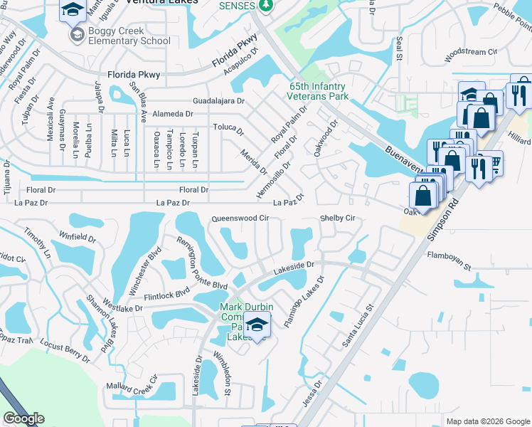 map of restaurants, bars, coffee shops, grocery stores, and more near 2344 Queenswood Circle in Kissimmee