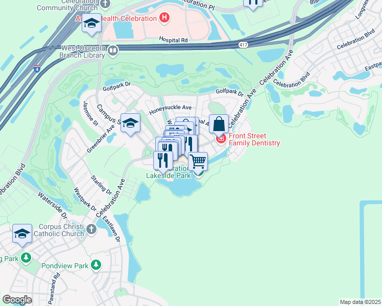 map of restaurants, bars, coffee shops, grocery stores, and more near 671 Front Street in Celebration