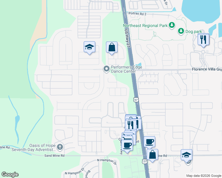 map of restaurants, bars, coffee shops, grocery stores, and more near 135 Scaton Way in Davenport