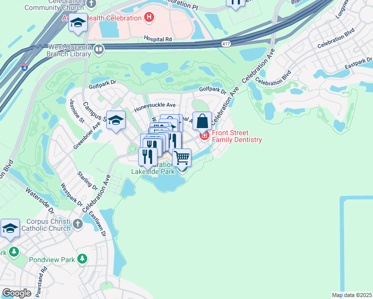 map of restaurants, bars, coffee shops, grocery stores, and more near 623 Front Street in Celebration