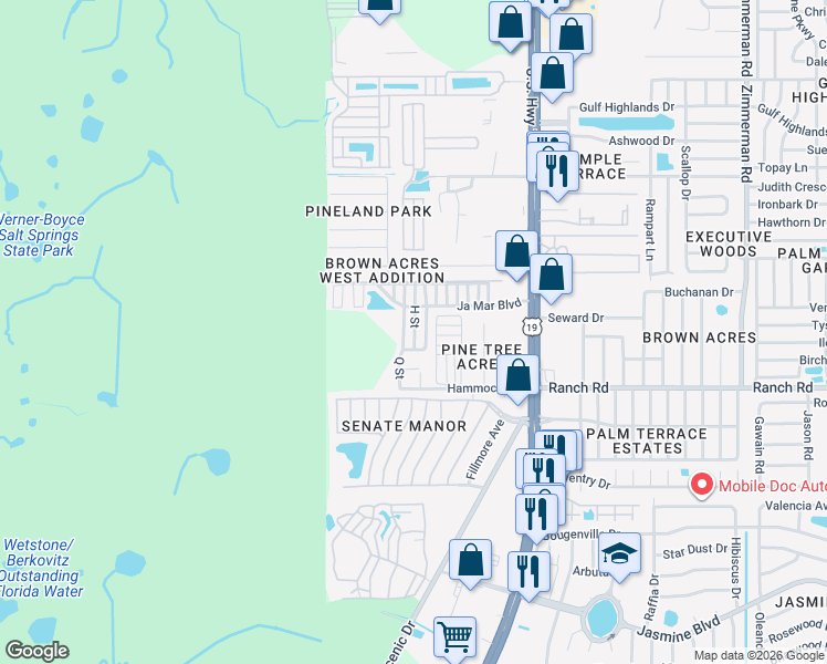 map of restaurants, bars, coffee shops, grocery stores, and more near 11115 H Street in Port Richey