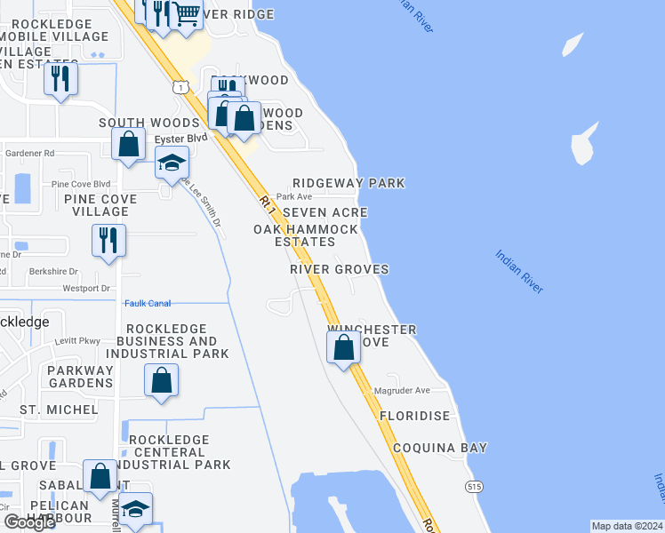 map of restaurants, bars, coffee shops, grocery stores, and more near 1439 North Jennings Lane in Rockledge