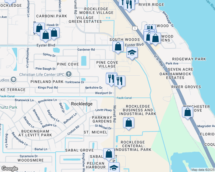 map of restaurants, bars, coffee shops, grocery stores, and more near 818 Hanover Court in Rockledge