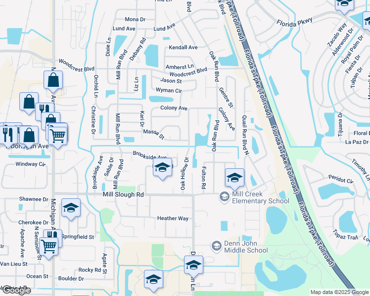 map of restaurants, bars, coffee shops, grocery stores, and more near 2461 Oak Hollow Drive in Kissimmee