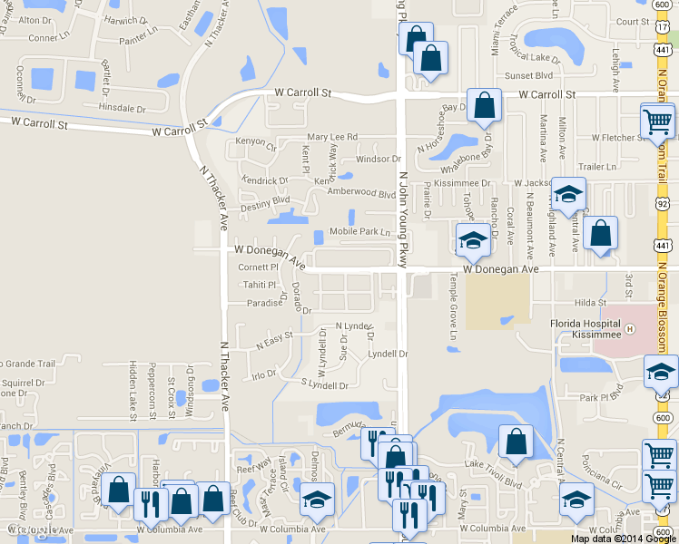map of restaurants, bars, coffee shops, grocery stores, and more near 1462 Dorado Drive in Kissimmee