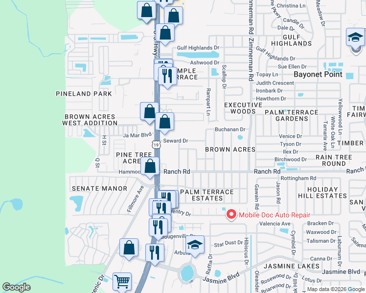 map of restaurants, bars, coffee shops, grocery stores, and more near 7126 Abigail Drive in Port Richey