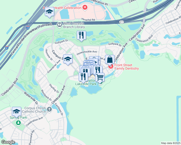 map of restaurants, bars, coffee shops, grocery stores, and more near 603 Market Street in Celebration